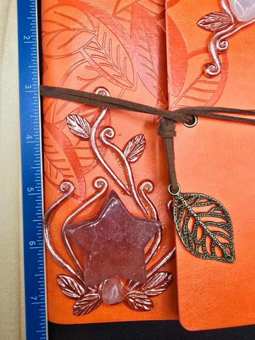 Orange Faux Leather Journal | Strawberry Quartz Star & Rose Quartz Tumble
